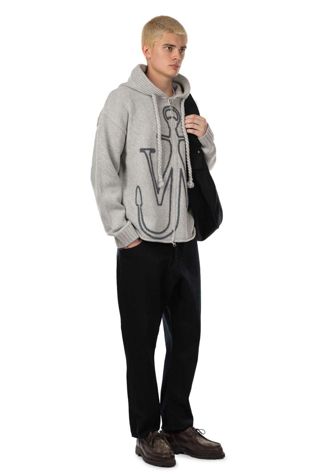 JW Anderson - Anchor Emroidery Zipped Hoodie -Light Grey Melange